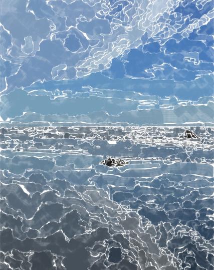 Abstract image of shapes with a brushed-like texture.  Colors are largely bluish and grayish on a white background.  Shapes roughly represent a blue, cloudy sky over an ocean shore with much reflection of the sky on the water.