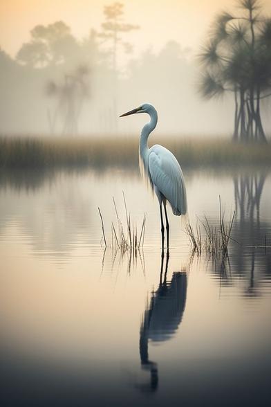 Ein weißer Reiher steht in einem Gewässer, im Nebel leicht verschwommene Landschaft
Quelle: Oksananikova, Pinterest