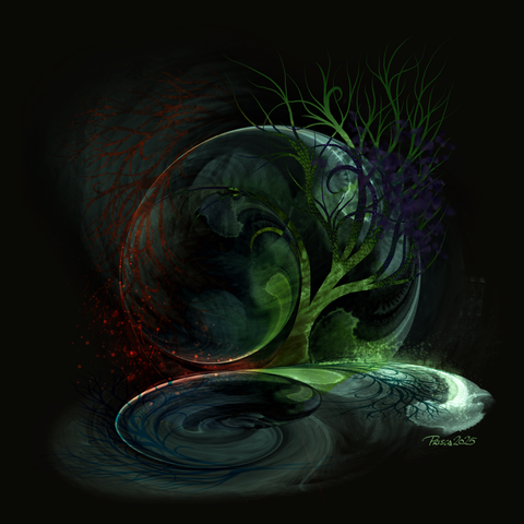 watercolour & ink; Twisting whirl of liquid ground sits in front of a circular swirling background, a tree with twisted branches curves along the lines, it's colour blending with the background, branches on the left grow downwards and are tinted red.