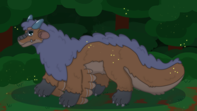 a drawing of a fluffy orange dragon with a blue mane taking a stroll through the forest. there are speckles of light around him.