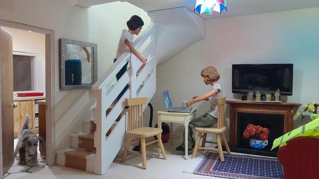 A 1:12 scale diorama of Daisy's open plan living room. The walls are grey with a cream carpet. On the left is the open kitchen door. The kitchen window is bare and it is dark outside. The white stair case is beside the kitchen door, and there is a mirror hanging on the wall. Beside the stairs is a small wooden table and two chairs. There is a wooden fire surround in the middle of the wall, with a TV on the mantle shelf and flowers in the opening.

Daisy, a Caucasian woman with fair hair and wearing a grey tee shirt and green trousers, is sitting at the table working on her laptop.

Harriet, a Caucasian woman with dark hair, glasses, and wearing a white tee shirt and blue jeans, is half way up the stairs to bed. She has paused to say 'good-night' to Daisy below.

Monty Dog, Harriet's grey and black dog is just coming out off the kitchen, where is food and water bowls are.