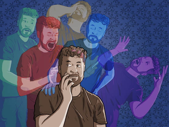 In the foreground, a man looks thoughtful, and behind him five different versions of himself - each coloured differently - expresses strong emotions. Red is anger, blue is a calm version of himself, there's a very confused purple, a frustrated yellow and a surprised green version