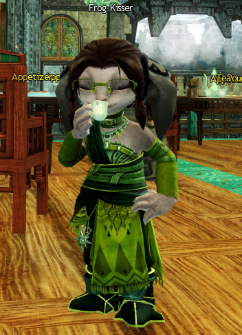 Frog Kisser the asura, with a hand on her hip, takes a sip of her tea.