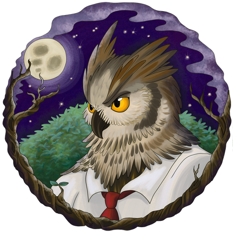 Digitales Portrait eines anthropomorphen Uhus mit weißem Hemd und roter Krawatte. Er hat bernsteingelbe Augen die skeptisch in die Weite blicken. Der Hintergrund ist eine nächtliche Waldlandschaft, die vom Mond beschienen wird. Sie ist in lila und kühlen Grüntönen gestaltet.
