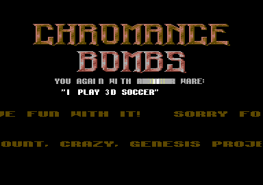 Screenshot of "I Play - 3D Soccer" - Crack: Chromance - Published by Simulmondo on Commodore 64 (1991)