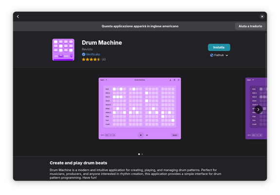 Drum Machine on GNOME Software in Italian language, with a warning on top that says "This application will appear in English" with a button that says "Help contribute"