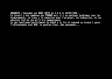 Screenshot of "Arkanoid" - Crack and Trainer (+3): Guilde des Pirates Associés (GPA) - Published by Imagine on Amstrad CPC (1987)