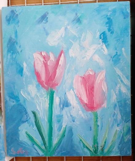 a painting, it is two pink tulips done in an impressionist style, blue sky tones behind it