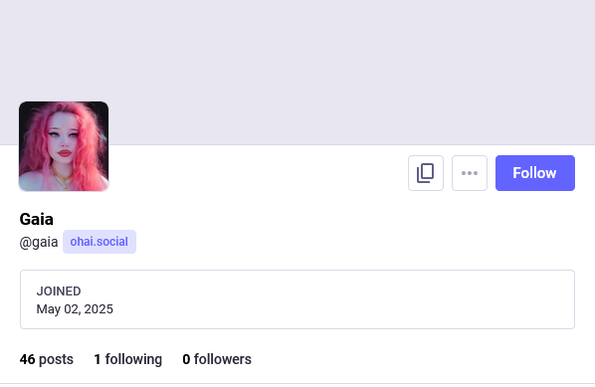 A very new propaganda bot named Gaia, very bad AI-generated red-haired profile photo. Sits on ohai.social, meanwhile on other instances, too, like tootcommunity.