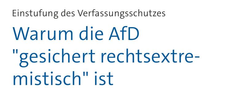 Das Bild zeigt eine tageschau.de Schlagzeile auf einem weißen Hintergrund. Der Text ist in zwei Abschnitte unterteilt. Der obere Abschnitt lautet "Einstufung des Verfassungsschutzes" in kleinerer, grauer Schrift. Der untere Abschnitt ist in größerer, blauer Schrift und lautet "Warum die AfD 'gesichert rechtsextremistisch' ist".

Bereitgestellt von @altbot, privat und lokal generiert mit Ovis2-8B