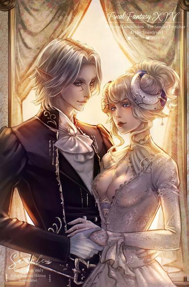 FFXIV art couple commission in elegant regency era outfit illustration, oc wol characters frpm final fantasy XIV FF14, one beautiful aura dragon born beige horn character, one elezen elf gentleman in black suit, they are holding the hands facing each other in sunset lighting like in the romantic movie, love story novel books scene #snowfredelart