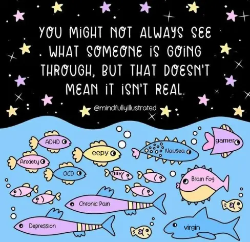 Motivational meme stating "You might not always see what someone is going through, but that doesn't mean it isn't real" written on a black background with pink and yellow starts above an ocean of fish with various struggles written on them. Fish (from top left) are labeled "ADHD", "eepy", "nausea", "gamer", "anxiety", "OCD", "gay", "brain fog", "Chronic Pain", "depression", and "virgin". Some have clearly been modified from the original fish to be humourous.