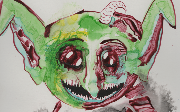 The goblin backs away slightly,
after finished sniffing you.
Oh, there is a little horn...
Hey there little thing.