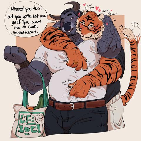 This is a warm, affectionate furry-themed illustration featuring two anthropomorphic male characters: a large, muscular tiger and a dark-furred bull or ox. The tiger, wearing glasses and a black shirt, is hugging the bull from the front with a blissful, purring expression, pink hearts around his head, and his eyes closed in contentment. He's also kneading the bull’s soft belly with his paws, making small “knead knead” sound effects on the shirt.

The bull is slightly taller, wearing a white shirt that’s stretched around his belly, dark trousers, and a brown belt. He’s smiling gently, holding a reusable shopping bag with groceries (like a carrot and a green bottle) in one hand. His other arm is around the tiger in a casual but loving way. He speaks in a text bubble that reads, “Missed you too, but you gotta let me go if you want me to cook, sweetheart.”

The mood is tender and domestic, with a soft color palette and expressive body language showing affection and intimacy between the two.