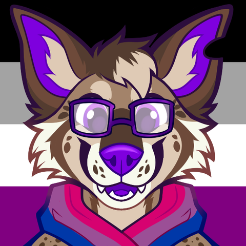 An icon drawing of an anthropomorphic chihuahua wearing a bisexual pride scarf, with the asexual flag as the background