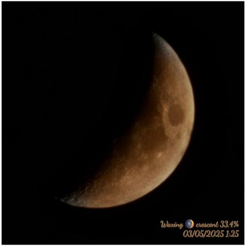 The image shows a waxing crescent moon, captured on May 3, 2025, at 1:25. The moon is positioned in the center of the frame, with the right side illuminated and the left side in shadow. The surface of the moon is visible, displaying a brownish hue with visible craters and maria, which are dark, basaltic plains formed by ancient volcanic eruptions. The text "Waxing crescent 33.4%" is overlaid on the image, indicating the moon's phase and percentage of illumination. The background is entirely black, emphasizing the moon's details.

Provided by @altbot, generated privately and locally using Ovis2-8B

🌱 Energy used: 0.147 Wh