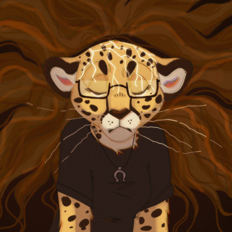 Digital art of Shetani the king cheetah from the chest up, eyes closed and ears flattened. Her long brown hair floats around her, filling up the entire rest of the frame. Glowing gold cracks spider from the crown of her head down across her forehead and behind her eyes. Her whiskers are frazzled and broken. Chromatic aberration offsets everything in the image.