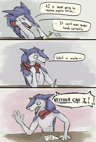 A three panel comic featuring Icarus in a realistic-anatomy sketch style with lazy shading.

Panel 1: Icarus sits slouched with a disinterested look on his face as he draws something out of frame. "AI is never going to replace organic artists... it can't even render hands correctly."

Panel 2: Icarus is sat upright. He has stopped drawing and has a wide-eyed stare at no point in particular beyond the panel. "Wait a minute—”

Panel 3: Icarus is overwhelmed with worry an frantic emotion as he looks at his own hand, which is drawn poorly like "hamburger helper hands." "NEITHER CAN I!" he shouts, a tear welling in the corner of his eye. On the table in front of him is a piece of paper and eraser, along with some eraser shavings. The paper has a stick sergal drawn on it with a sun and some flowers, and also bad hands. Icarus' pencil is pressed against the table under his other hamburger helper hand.

The intentional poorly-drawn hands juxtapose a clear understanding of anatomy demonstrated in the other panels.