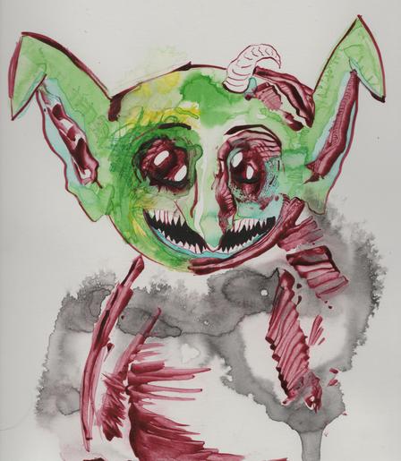 Furthest away, goblin.
Smoke occluded outline,
action movement and 
still smiling.
Gazing deeply in to you...