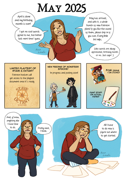 A comic summarising the artist's plans for May. Panel 1: the artist, looking a little wistful, says her birthday month is over, and she got no cool swords. But May has arrived, and with it, new plans! They are listed below. Panel 2: a limited playtest of Stave and Octant, a worldbuilding tabletop roleplaying game. Panel 3: a new episode of the Feeding of Monsters comic. Panel 4: the first issue of Feeding of Monsters will be posted to Itch.io, and the artist intends to start painting more with physical media. Panel 5: the artist, smiling, hands on her hips, saying "And, you know, anything else I have time to do. Pretty neat, I think." Panel 6: the artist, cross-legged on the floor and looking at a bunch of blank pieces of paper. She says "All I have to do now is figure out where to get started."