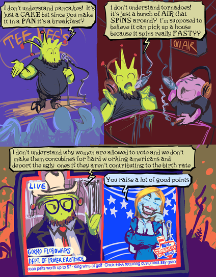 brief comic strip in which a terrible comedian suddenly becomes a high ranking government official due to not understanding things