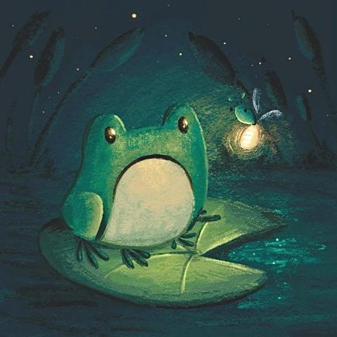 A square digital illustration featuring a sad frog sitting on a lily pad at night, the scene is lit bi a single firefly that’s hovering in front of the frog’s face.