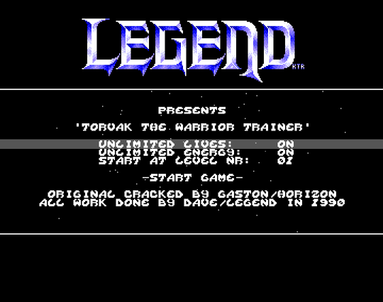 Screenshot of "Torvak the Warrior" - Trainer (+3): Legend (LGD) - Published by Core on Commodore Amiga (1990)