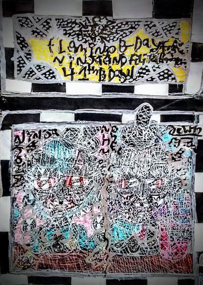 The characters in my drawing 😜💛✨ Drawing if your confused who's is who:
 Ps Ninja: is an balding blue hair character who only had hair on middle and none in sides 6'2 foot man with wearing all black outfit and big red longish heart lips man.👨🎤💙💋🎤🎮✨

Felipa From Flamingo *aka Felipe's younger sister whis also an adult* (the one in hot pink sweater with skirt overalls)😁👩🎤💕✨ (new outfit ver + she wears an fake mustache like in ref pose):

Background/ what's in this room:

An indoor background full of half pink and blue spit due background and brown long ahh bar 3D table as Felipa kibda hold tge small cake in one hand as it kinda flouting on pink wooden tray as u can barely see due same wood as the floors btw.

(Disclaimer: I used an ref but I cannot show it sadly plus it copyrighted and might get used since it's medium size Japanese pose.😔💥) (finished ver)