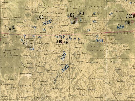 A map scanned in Moscow and annotated with landing sites and other information. The lines labelled L-22 represent Luna 22 altimetry tracks but, oddly, they are not correctly placed.