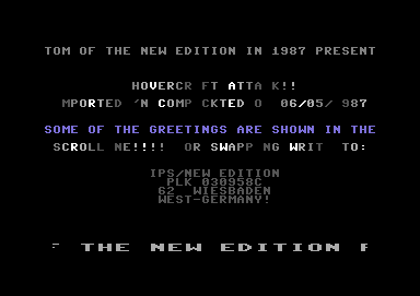 Screenshot of "Attack Hovercraft" - Crack: New Edition (NE) - Published by Eddie Wallace on Commodore 64 (1987)