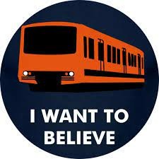 Länsimetro-meemi, jossa teksti I want to believe ja metron kuva ympyrässä.