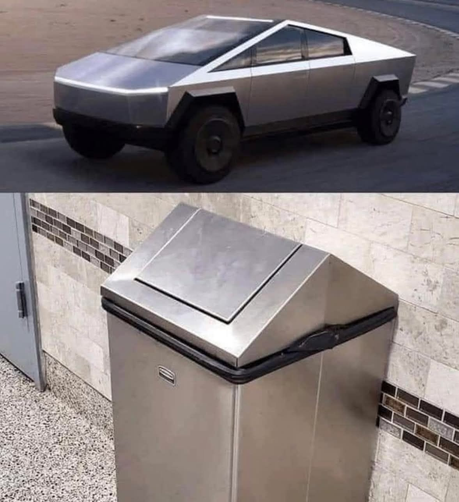 Split screen cyber truck on the top, a stainless steel garbage can with a triangular top with a flip lid.