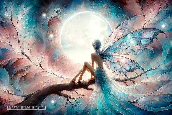 Artwork of a fairy with gossamer wings sitting on a tree branch as she looks at a full moon, by artist Peggy Collins.