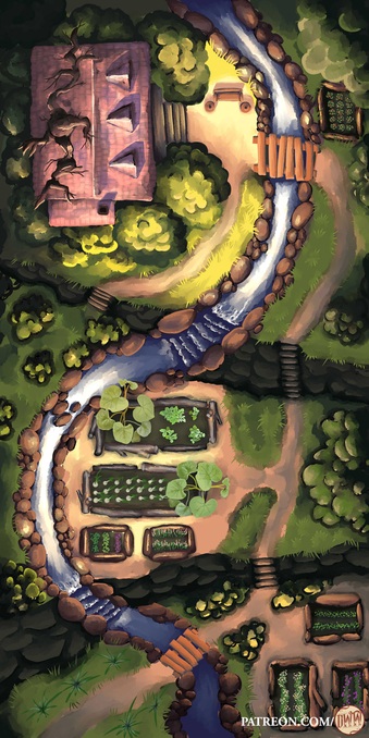 Green Witch Hut Battle Map by Domille's Wondrous Works. It features a crumbling house surrounded by small garden plots.