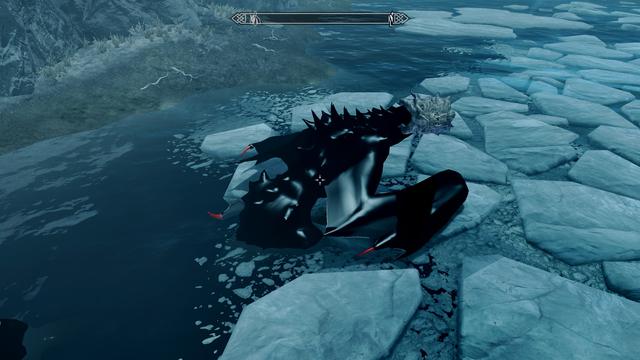 Modded Skyrim screenshot where the player - a dragon in a shiny black catsuit - has bent his neck about 160 degrees.
Sometimes he does this when watching another dragon fly overhead, but in this case it has become his resting position.  It is not helped by the fact that he is half on, half off of an ice floe and has tipped diagonally into the freezing water.

Alternate shot where the dragon is apparently looking at the camera, albeit with his neck twisted in an unnatural manner.

This was made with Play-As-A-Dragon SE