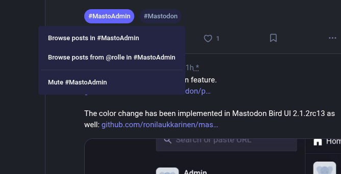 A screenshot of the new tooltip where a #MastoAdmin hashtag is selected, with options: Browse posts in #MastoAdmin, Browse posts from @rolle in #MastoAdmin, Mute #MastoAdmin.