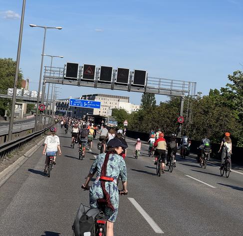 Das Bild zeigt eine große Gruppe von Fahrradfahrern, die auf einer mehrspurigen Autobahn fahren.  Die Radfahrer bewegen sich in einer langen Kolonne und scheinen an einer organisierten Fahrradtour oder -demonstration teilzunehmen.  Der Himmel ist sonnig und blau, der Verkehr auf der Autobahn scheint gering.  Die Szenerie deutet auf einen Tag mit schönem Wetter hin. Im Hintergrund sind Verkehrszeichen und Gebäude zu sehen. Die Stimmung im Bild wirkt fröhlich und gemeinschaftlich.