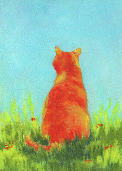 Ginger cat in the green meadow is an acrylic painting in portrait format hand-painted by the artist Karen Kaspar.
A ginger cat sits peacefully in a lush green meadow, gazing up at a clear blue sky. The tranquil surroundings are emphasised by small red flowers scattered in the grass.