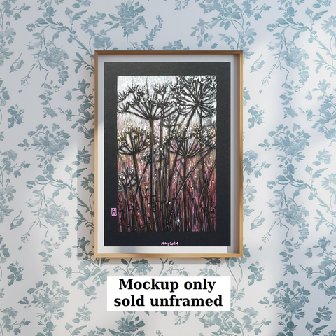 A colour drawing of silhouettes on black paper of cow parsley flowers, a wildflower also known as Queen Anne's Lace. The work has a background in grades of pink and white in the background.
An original art work
Colour pencil and mixed media on acid free toned artist paper
5 by 7 inches (12.7 by 17.8 cm). This is a standard photo size in the UK and USA and should be easy to DIY frame.
Sold unframed