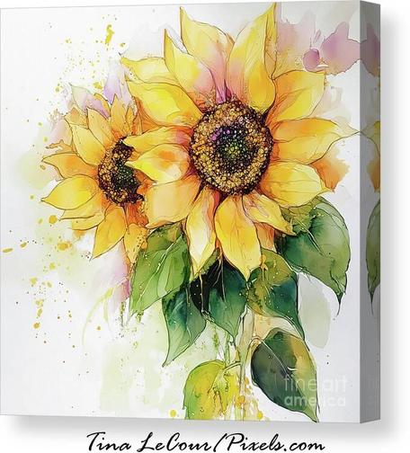 This is a canvas print of some pretty watercolor sunflowers against a white background.