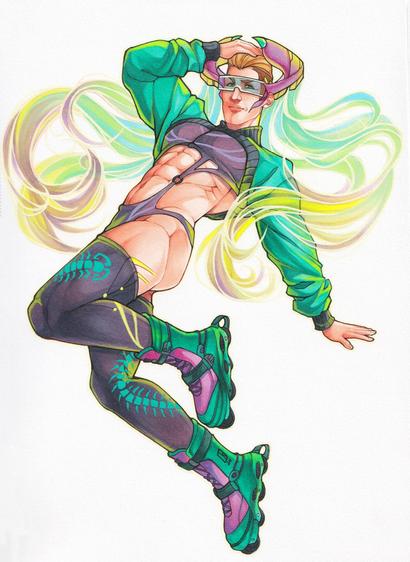 Traditional artwork of my beloved character, Minz: a tall athletic man on a roller blades and the most revealing outfit you can imagine for a man. He has a headset with two holographic ponytails. Because he can. And because I can design bold looking characters.