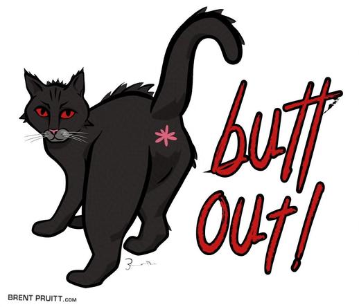 butt out! cartoon/comic illustration of a red-eyed, fur-frazzled black cat turning its head back with a direct stare, tail is up a butthole exposed