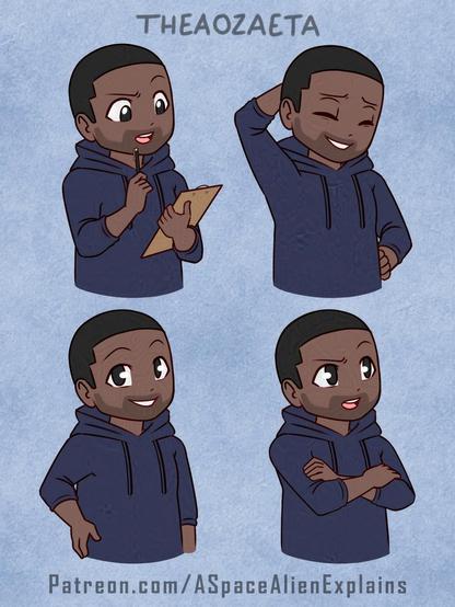 Set of 2D character avatars for videos and streaming. Character is a black man with a buzz cut, a 5 o'clock shadow, and wearing a blue hoodie. Art by TheaOzaeta. Artist website Patreon.com/ASpaceAlienExplains