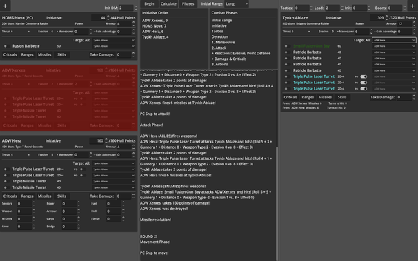 An extremely functional-looking Godot app with a three-column design. The left and right columns contain cards for allied and enemy ships respectively, with information about weapons, hull points, skills etc. The middle column contains a list of the ships in initiaive order and a log of combat events. One of the three ships on the allied side has just been destroyed by a single blast from the enemy ship's powerful fusion gun, and we're only on round 2 of the combat.