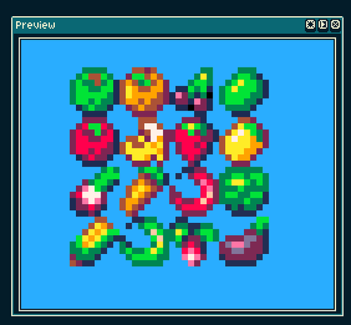 A vibrant pixel art scene of 8 pixel art fruits and 8 pixel art veggies sprites.