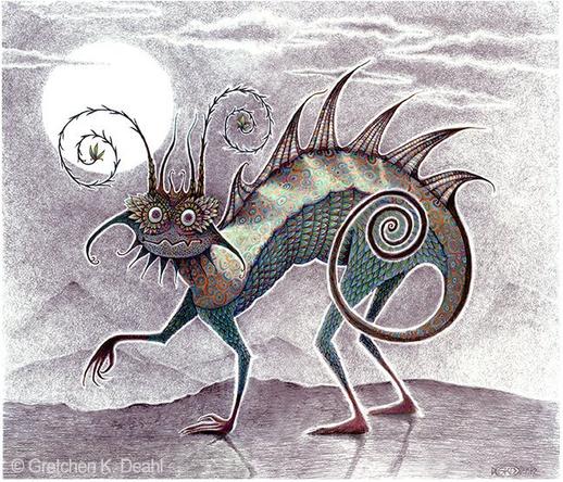 A startled looking creature stares with alarm at the viewer, frozen in place. Drawn in pencil with purple, green and bits of other colors. Behind its head, a white circle of moon. NOTE: This description is created especially for my lovely blind friend, Georgiana. :-)
