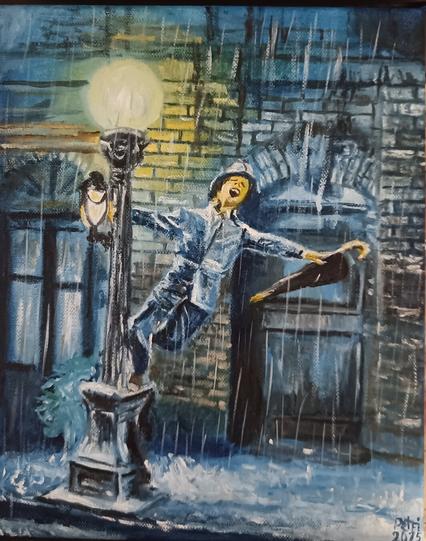 An oil painting of the scene from the movie "Singin' in the rain".
Gene Kelly hanging on the street light, holding a closed umbrella and singing.