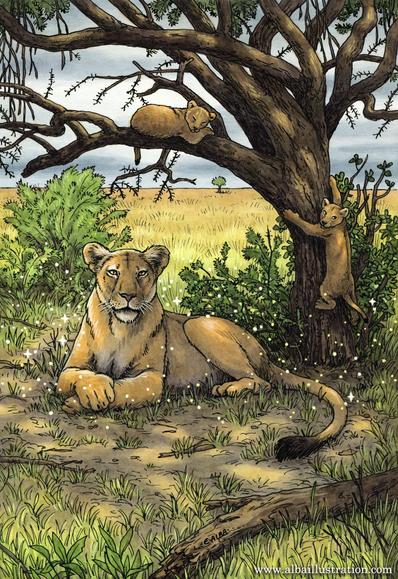 Card illustration from the Everyday Witch's Familiars Oracle deck illustrated by Elisabeth Alba, written by Deborah Blake, published by Llewellyn Worldwide. This image features a lioness laying under a tree in a savanna, with two lion cubs in the tree, one sleeping and the other climbing.