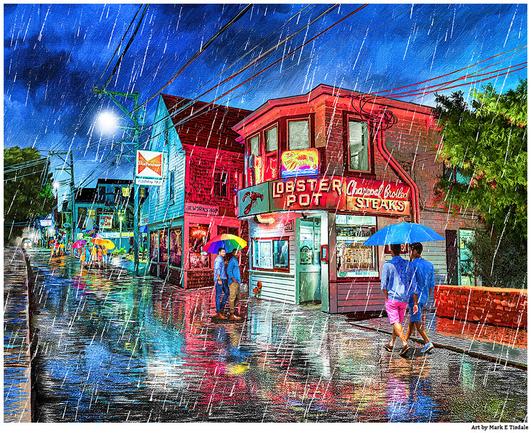 Digital art depicting a rainy night view of Commercial Street in Provincetown, MA. The main buildings visible are the Lobster Pot restaurant which has a prominent neon sign and the Old Colony Tap next to it. There are two groups of men near the viewer under umbrellas with more in the distance.