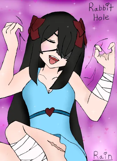 My take on the drawing from the song Rabbit Hole. Its a drawing of my character laying on the bed in a blue nightgown. Her eyes are closed while holding on to the blanket with her tongue out happily.